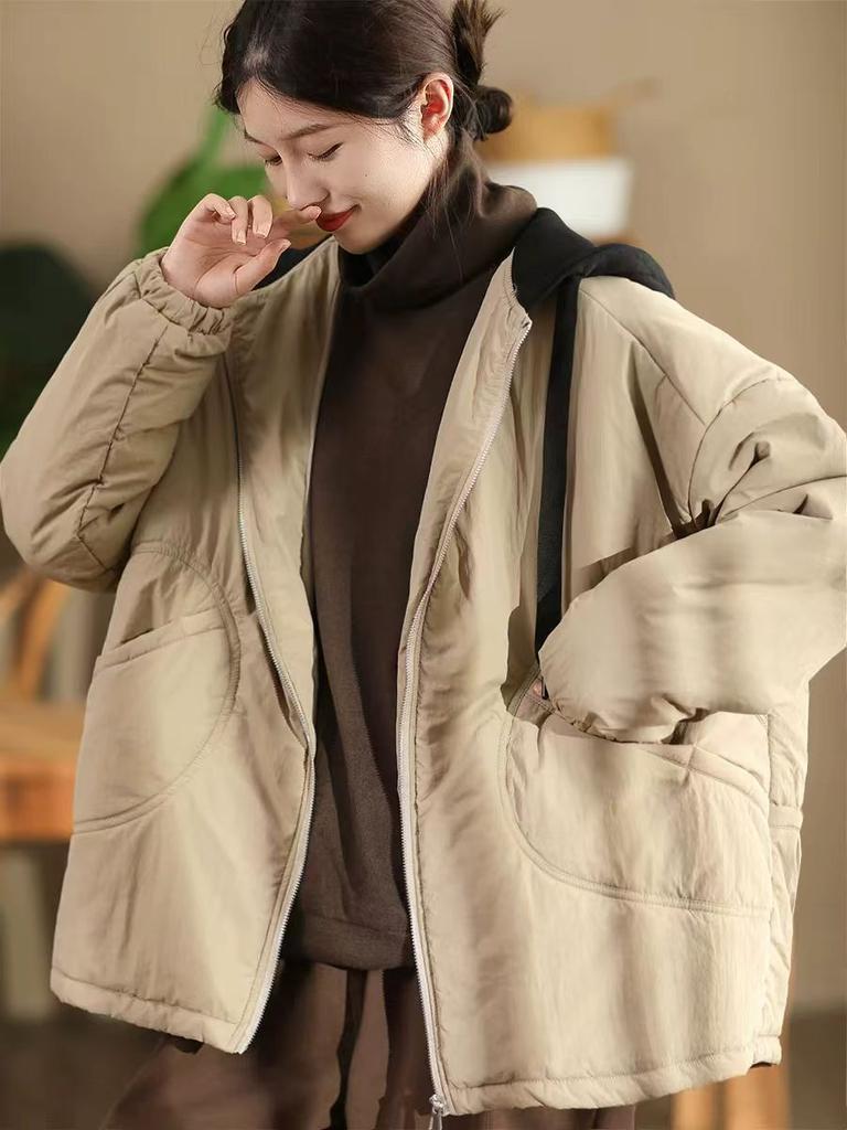 Johnature Women Vintage Winter Hooded Zipper Solid Color Coats Long Sleeve Pockets Female Casual Coats