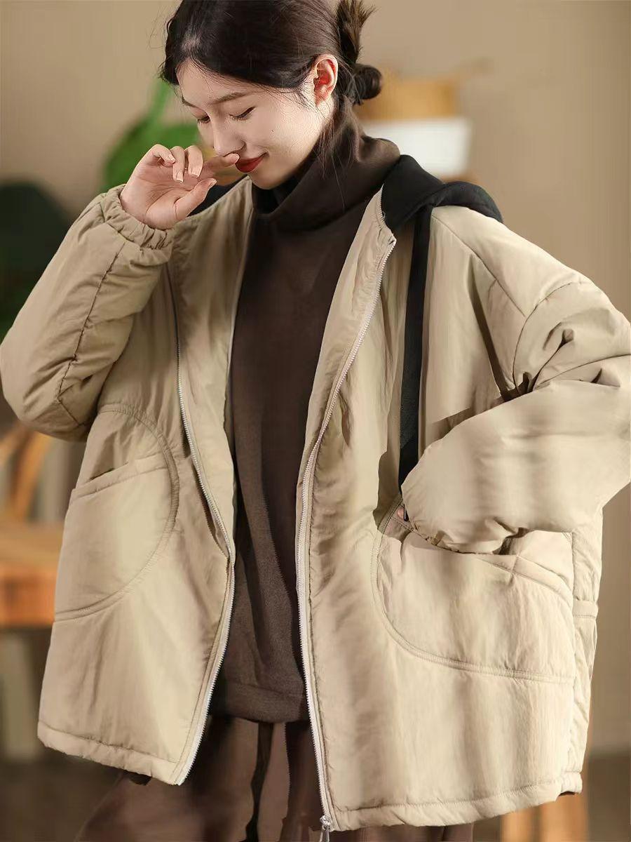 

Women Winter Coats Vintage Hooded Zipper Long Sleeve Solid Color Casual Jackets with Pockets One Size
