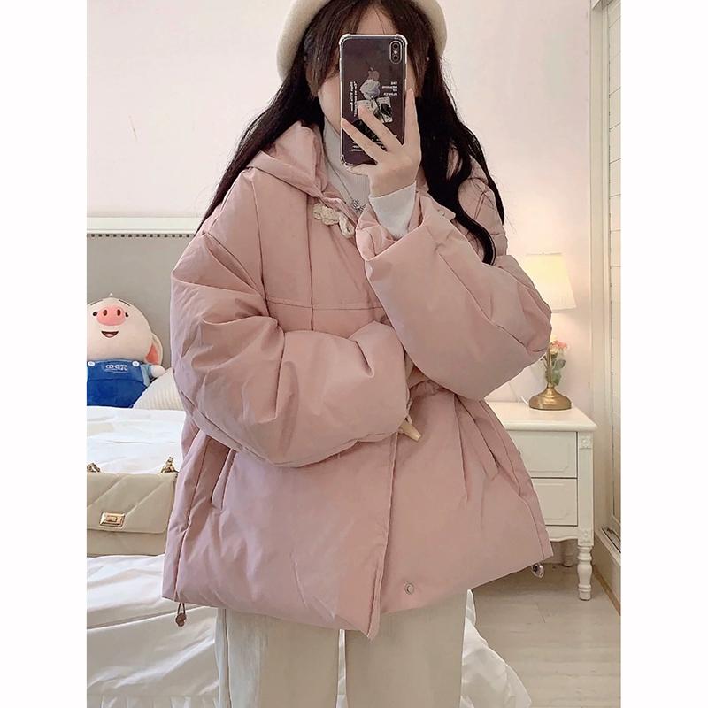 Winter Thickened Jacket Women's Coat Loose Hood Horn Button Outerwear