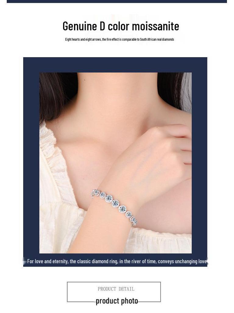S925 Sterling Silver Moissanite Round Bracelet - Luxury Heavy Industry Style, Super Shiny High-End Women's Jewelry.