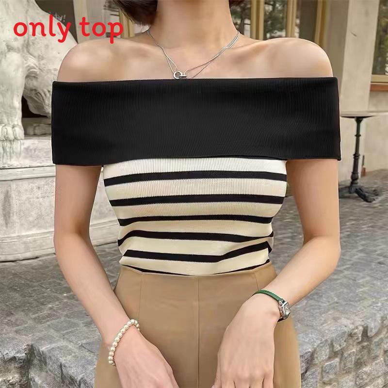 Striped Off Shoulder Sweater For Women With Slim Fit Short Sleeve Knit Top