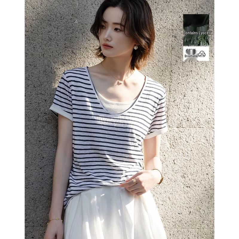 

Women s Retro Striped Fake Two-Piece Lyocell T-shirt S