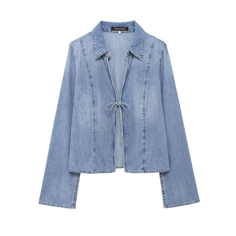 Kaslead New Arrival Women's Clothing Fashion Style Fashion All-Match Bowknot Decoration Denim Shirt 5252041
