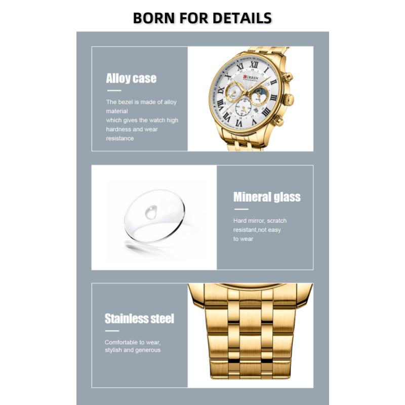 CURREN Noul ceas pentru bărbați de top Business Ceas cu curea din oțel, calendar de cuarț, cronograf cu șase ace, instrucțiuni