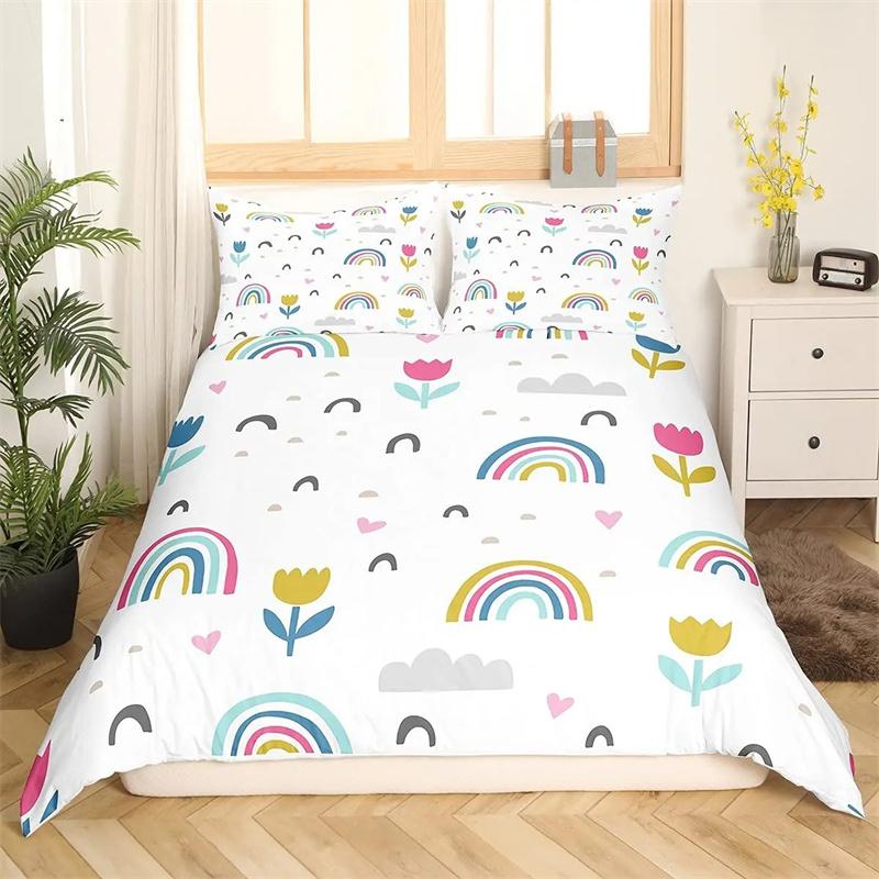 Cartoon Rainbow King Queen Duvet Cover Kids Girls Colorful Clouds Bedding Collection Love Heart Comforter Cover Polyester Quilt Cover
