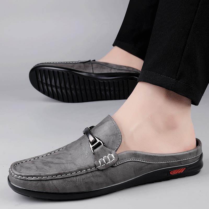 Fashion Men Casual Summer Shoes Hollow Out Men's Driving Shoes High Quality Male Business Shoes Half Slippers Genuine Leather Loafers