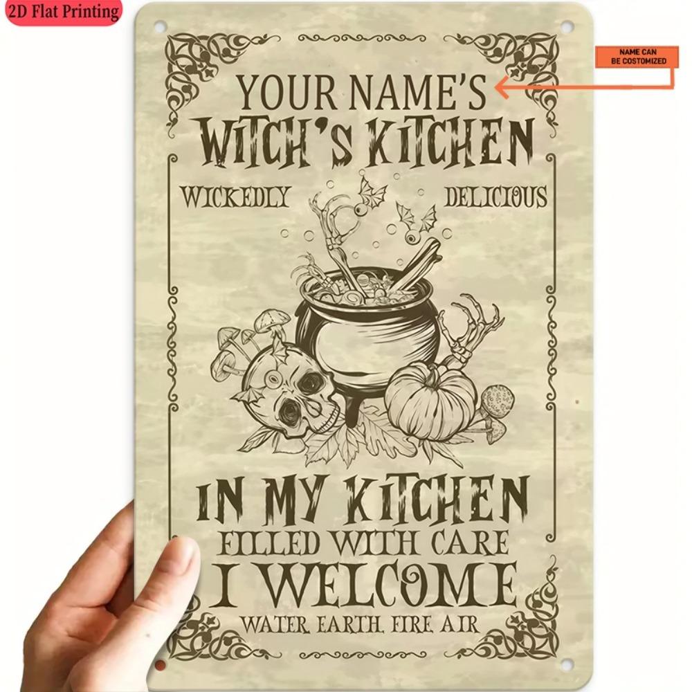Customizable Witch Kitchen Tin Sign Personalized Text Halloween Wall Decor 8x12in