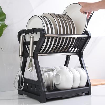 Double-layer Kitchen Dish Bowl Draining Storage Rack with Chopstick Cage Household Tableware Organizer Tray