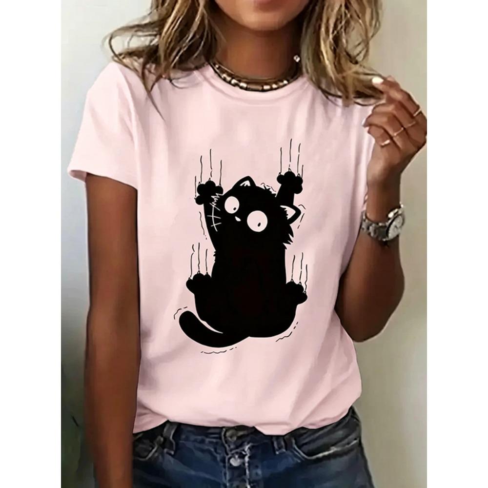 Girl Fun Climbing Cute Cat Pattern Printed T-shirt