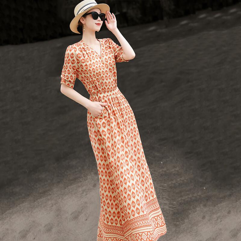 Lancer French Elegant Orange Print A-Line Dress L