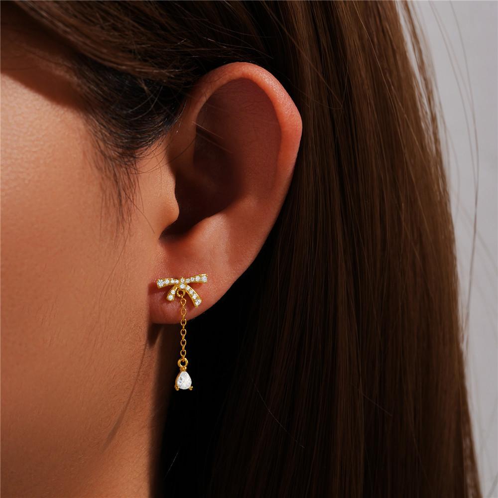 Fashion Jewelry 925 Sterling Silver Earrings Bowknot LOVE Drop Diamond Opal Long Tassel Chain Gold Plated Stud Earrings Women