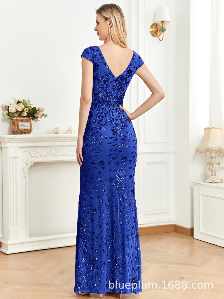 Elegant Blue Sequined Mermaid Evening Gown