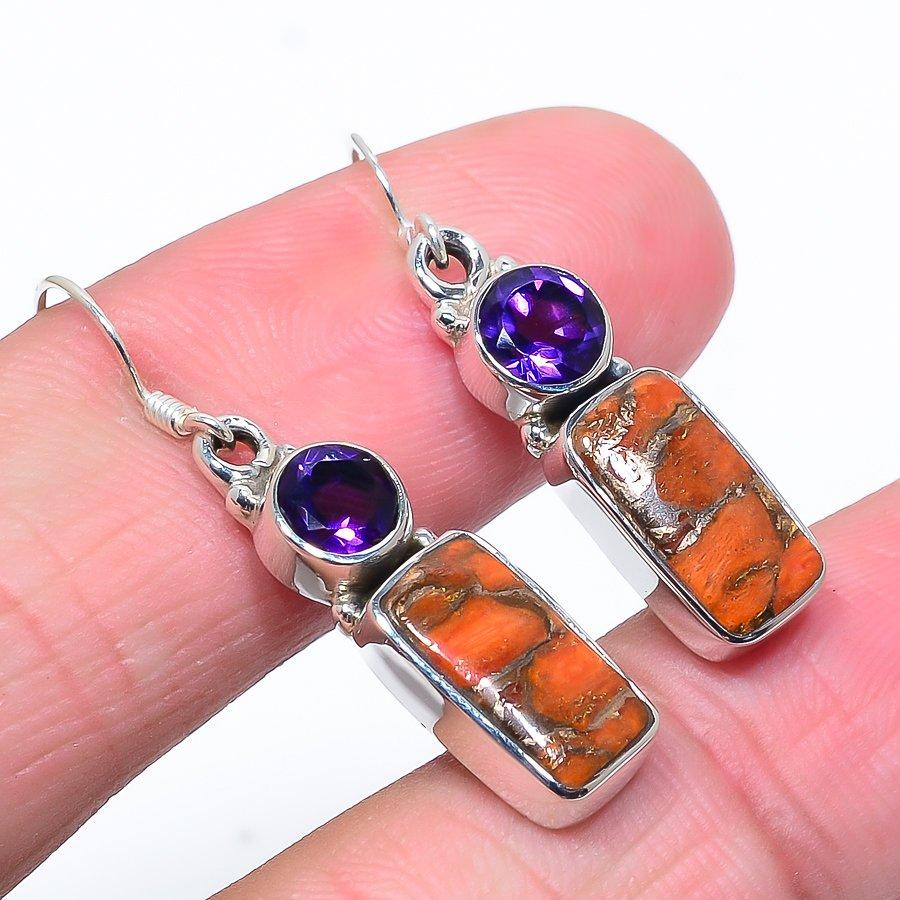 Natural Copper Turquoise Gemstone 925 Solid Sterling Silver Earring 1.46" H8v91