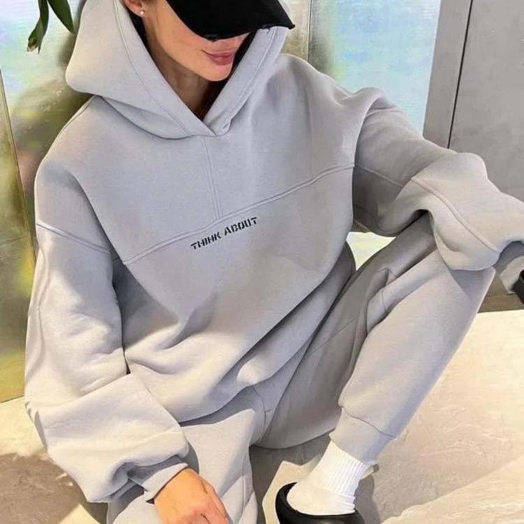 Women Autumn Winter Loose Hooded Long Sleeve O Neck Hoodies Suit with Printed Top and Wide Leg Pants