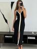 Contrast Spliced Halter Maxi Dress For Women V Neck Backless Front Split Ladies Holiday Robe