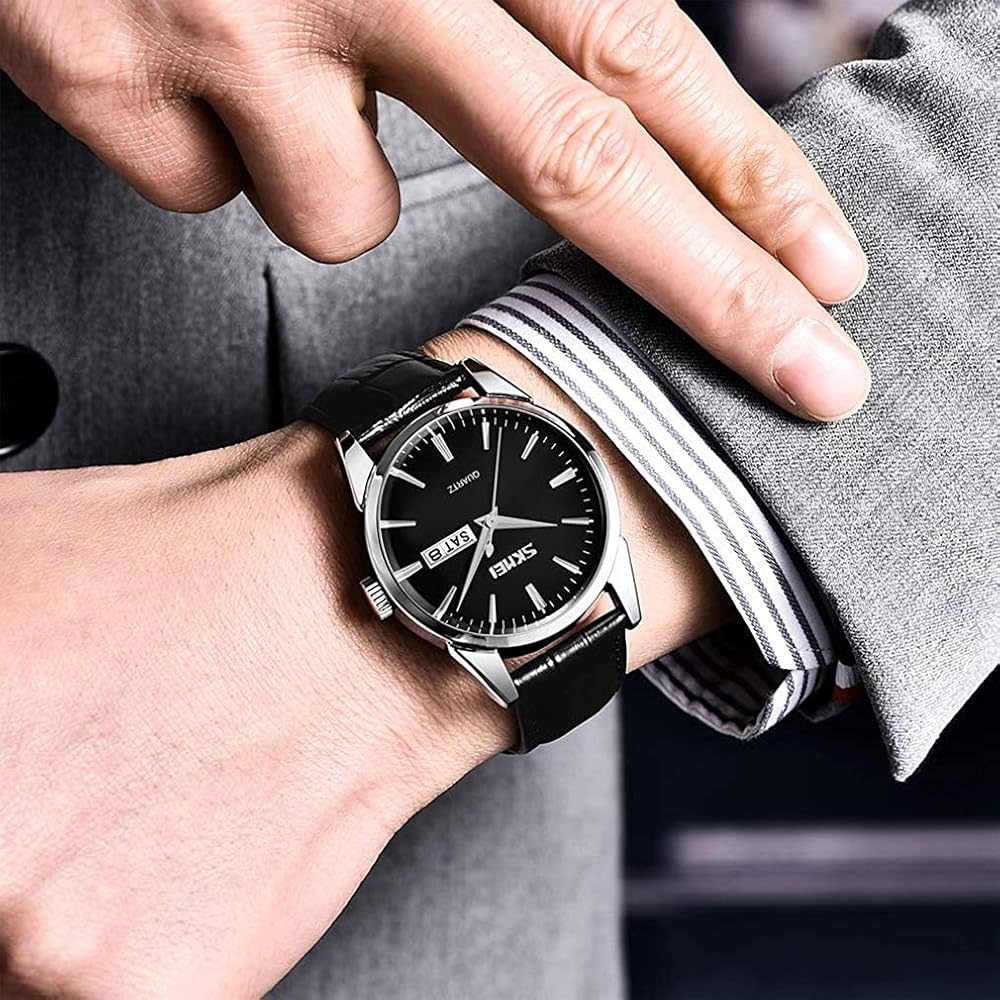 Men's Classic Analog Quartz Watch Black Waterproof Leather Band Lightweight Casual Date Display