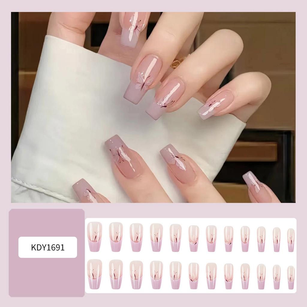 24 Pcs Long Ballerinas False Nail Butterfly Press on Nail Acrylic Nail French Tip Stick on Nail Manicures Supplies