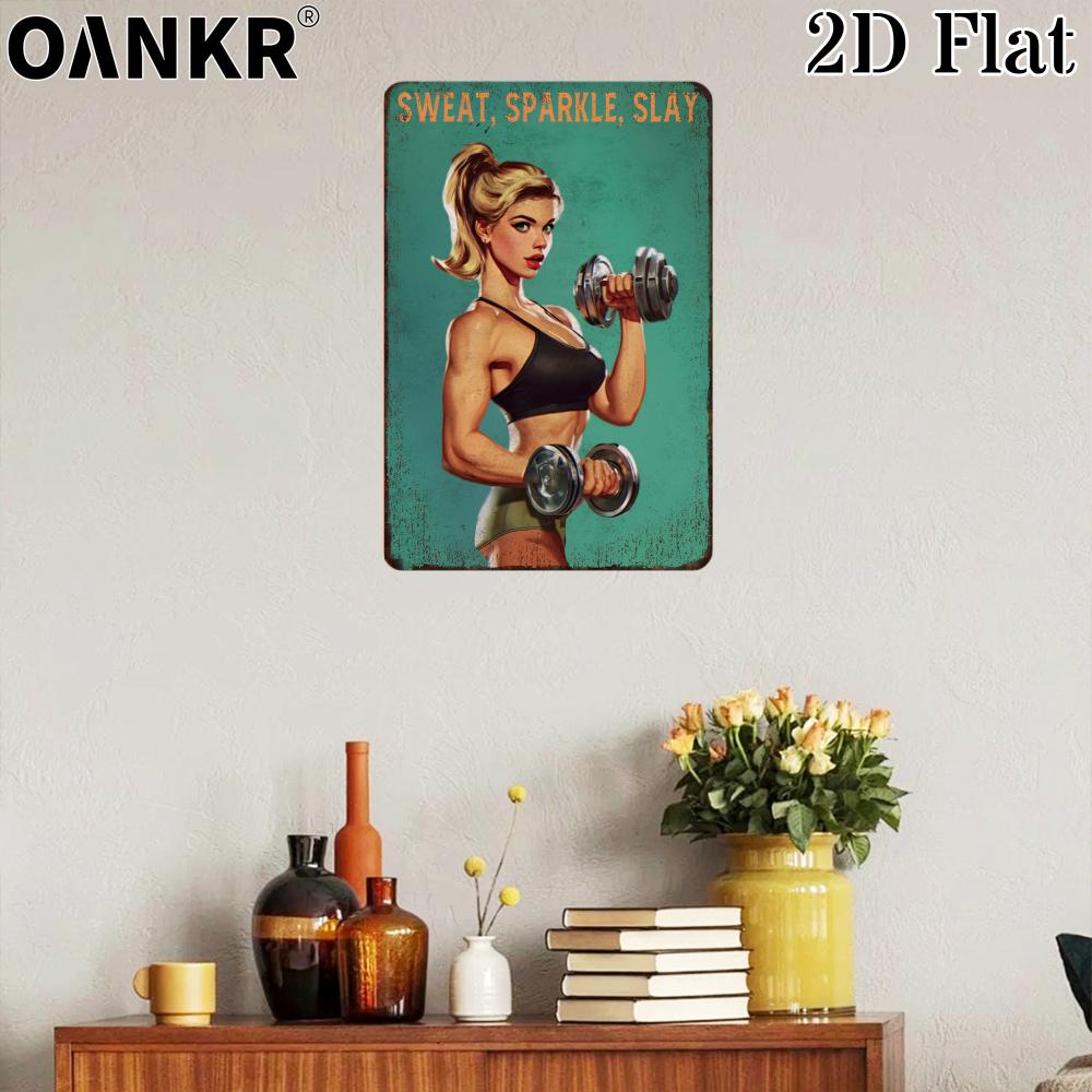 Vintage Fitness Metal Tin Sign Chic Sweat Sparkle Slay Girl Dumbbell Metal Signs for Man Cave Gym Home Wall Decor Plaque
