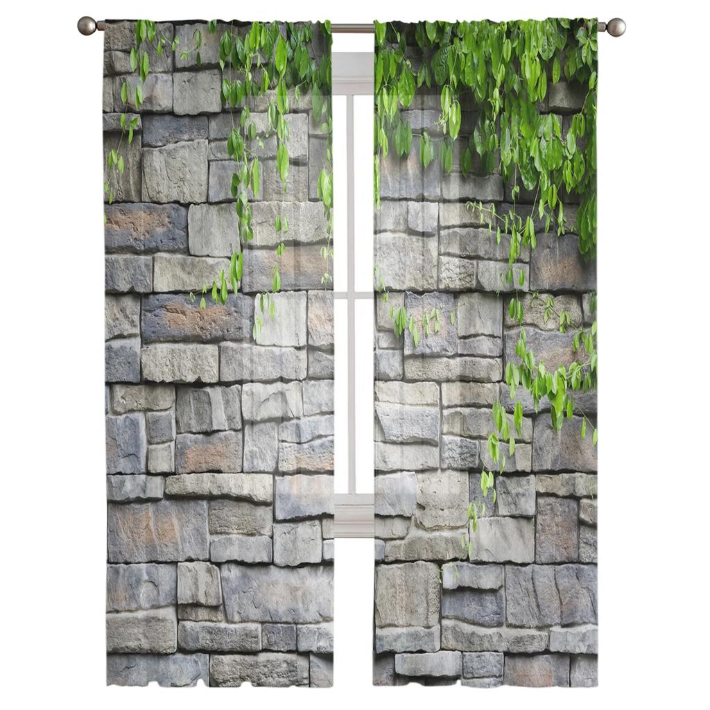 Grüne Blätter Stein Wand Tüll Vorhänge für Wohnzimmer Druck Sheer Voile Vorhang Schlafzimmer Fenster Screening Vorhänge Jalousien Home Decor