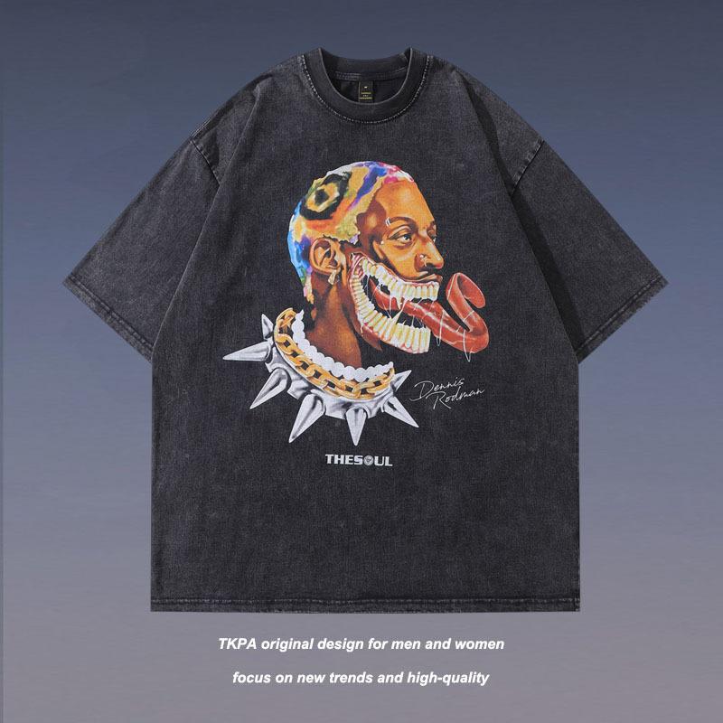 American Street Style Rodman Character Retro Short-Sleeved Men'S And Women'S Ins High Street Washed Old Loose T-Shirt
