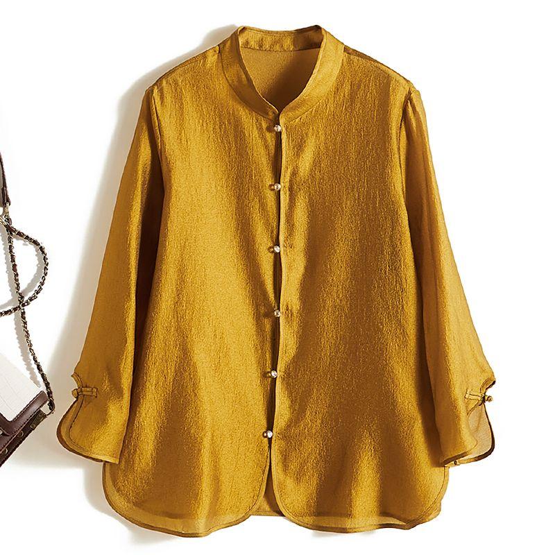 

Super Fire Goddess Summer Sun Protection Outerwear! Small Stand Collar Single-Breasted Solid Poplin Yarn Oval Hem Shirts New Yellow 3XL