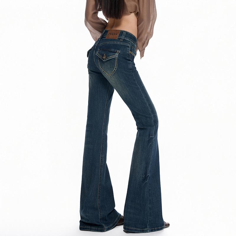American retro low-rise micro-pull jeans women's autumn new Spice Girl elastic and thin horseshoe horn pants