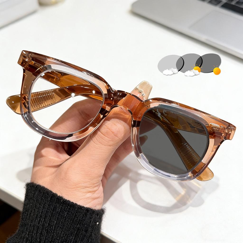 2026 New Fashionable HD Luxury Photochromic Women's Reading Glasses Retro Neutral Square Frame Anti Blue Light Glasses