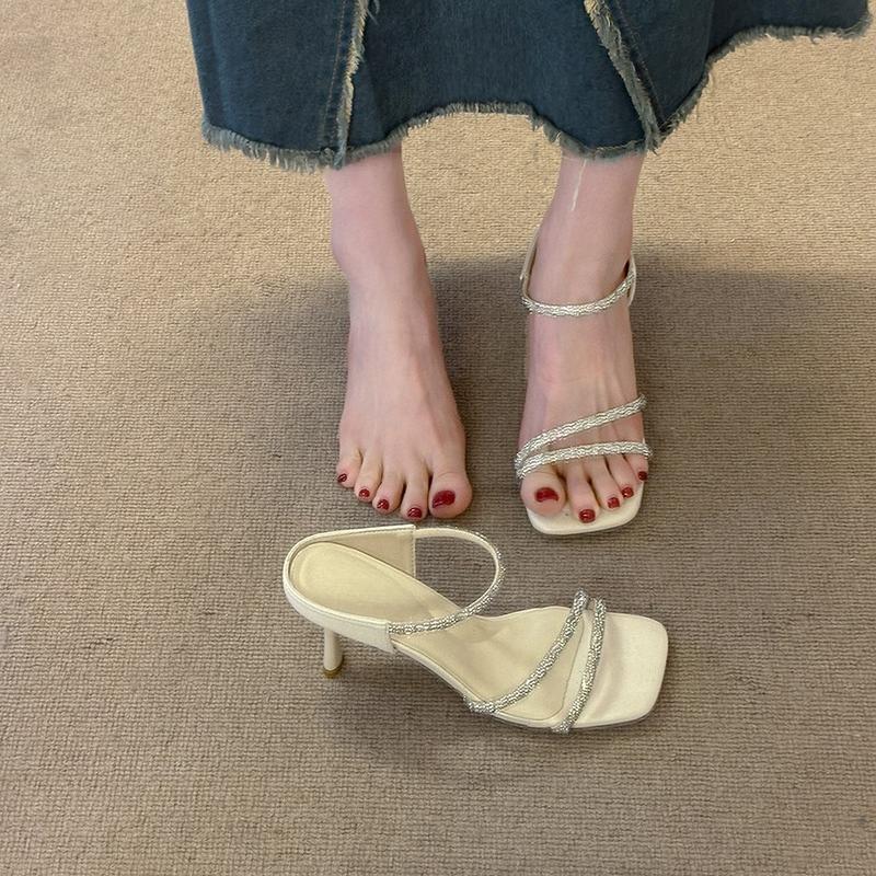 Fashion New Summer Stiletto Sandals Women's Fashion Square Head Open Toe Glitter Thin Strap Set Foot Anti-slip Wear-resistant High Heels