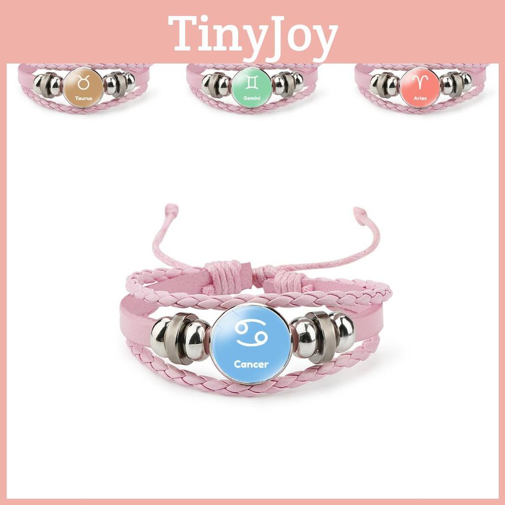 Chic Multi-layer Pink Leather Bracelet Featuring All Twelve Zodiac Signs