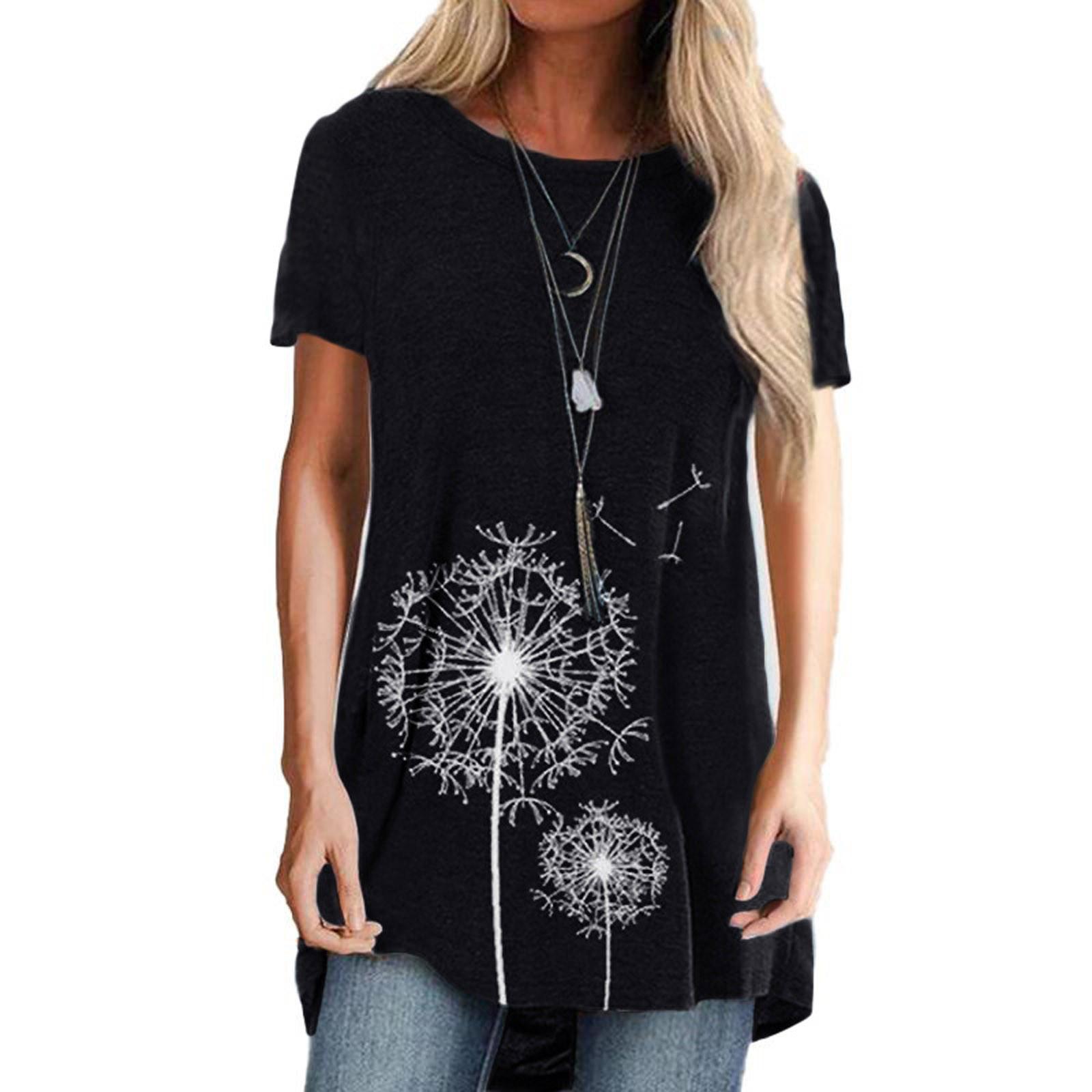 

Women s Plus Size Print T-shirt Short Sleeves Casual Blouse Loose Tops XXL чорний