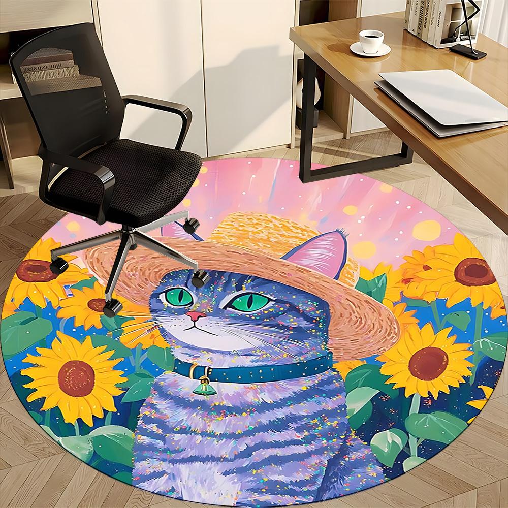 1pc Cat SunflowersChair Carpet for Office, Indoor Non-Slip Washable Polyester Fiber Carpet, Mat For Office, Machine Washable