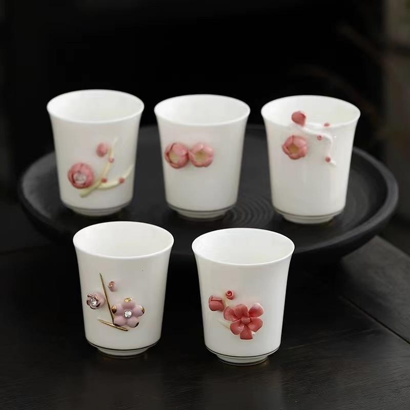 Handmade Floral Embossed Carved Relief Porcelain Tea Cup 80ml Chinese Kungfu Ceramic Cup for Ladies Holiday Gift