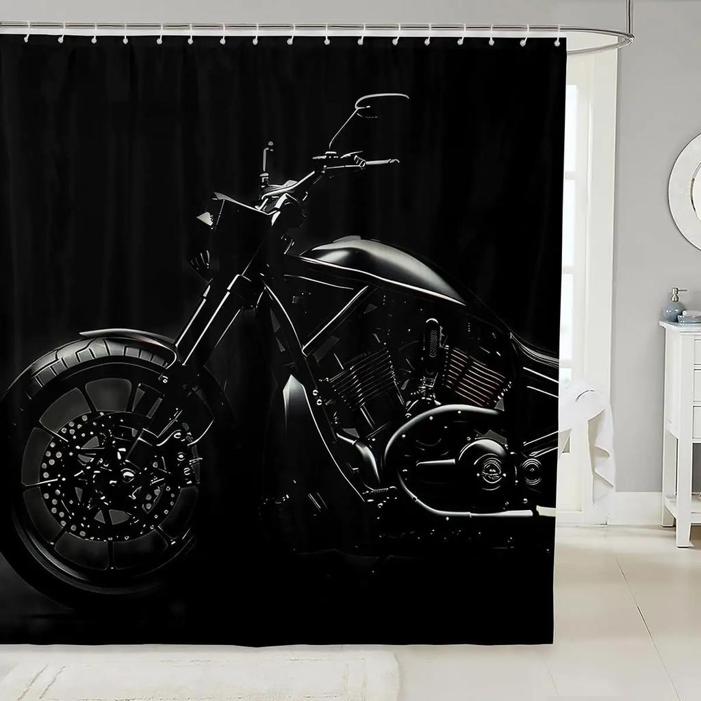 Blu-ray Drum Kit Decorative Home Bathroom Shower Curtain Black Bathroom Decoration Hook Waterproof, 180x180cm
