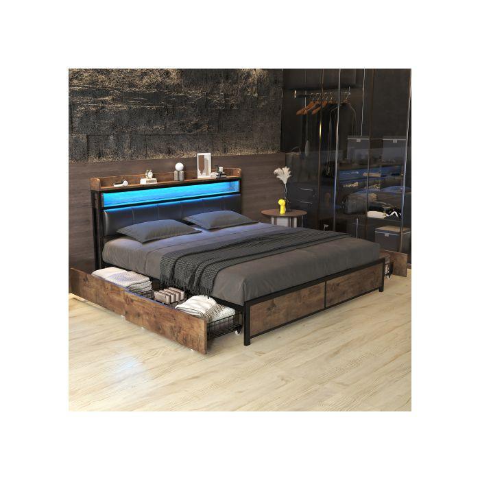 Lit - MUVOE - 140x200 - Rembourré - Tête de lit LED - 4 tiroirs de rangement - Noir