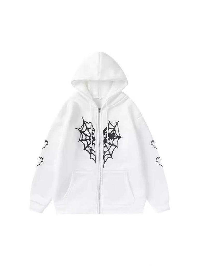 Gothic Heart-Shaped Spider Web Women's Zipper Hoodie - Trendy, Comfortable Casual European/American Style Sweatshirt