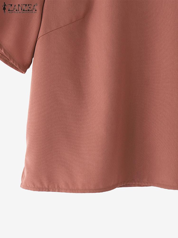 ZANZEA Women Casual Round Neck Summer Short Sleeve Plain Blouse