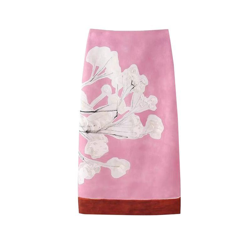 Spring/Summer New Retro Style High Waist Slit Skirt Linen Blend Print Straight Skirt 2394119