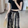 Plus Size Chinese Ink Painting High Waist Wide Leg Summer Skirt-Pants for Women