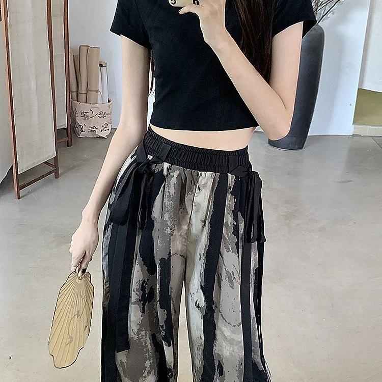 Plus Size Chinese Ink Painting High Waist Wide Leg Summer Skirt-Pants for Women