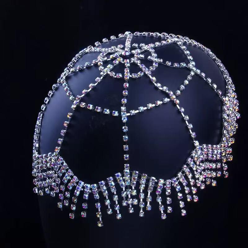 1Pcs Women Hair Accessories Vintage Hollow Mesh Tassel Cap Headpiece Bohemian Rhinestone Head Chain Hat Dance Perform Jewelry
