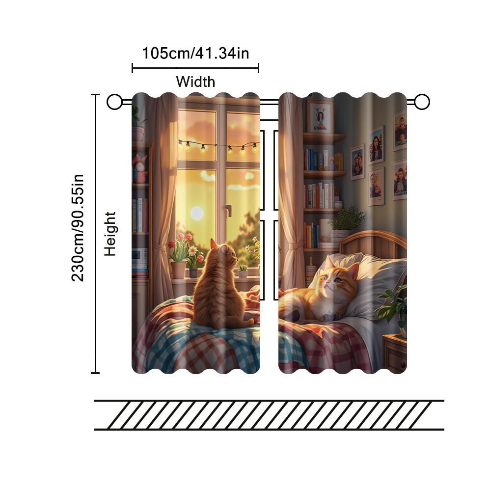 Set Of 2 Filtering Curtains Excluding Rods Non Movable Without Batteries Cute Cartoon Cat Use Bedrooms Living Rooms Curtain For Area Made Polyester