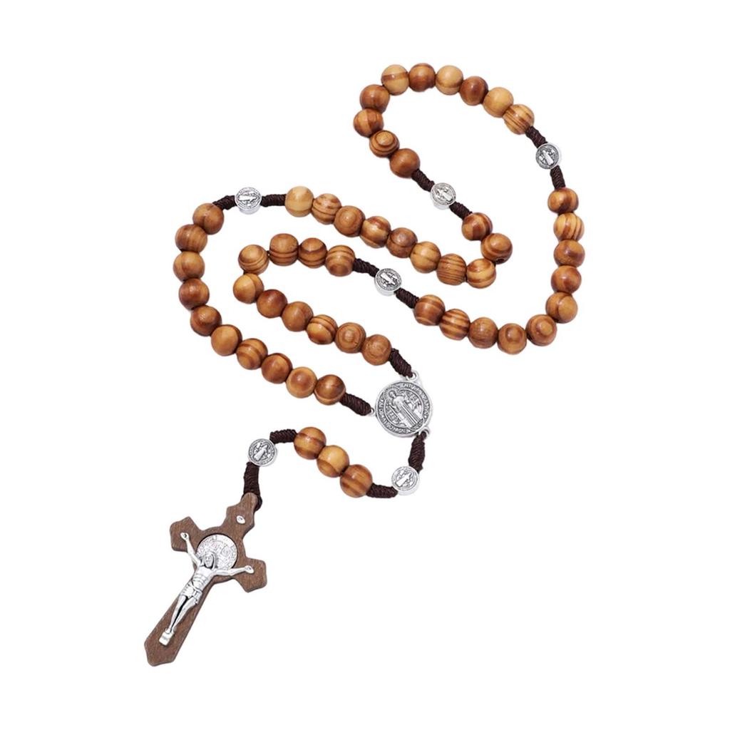 Wooden Rosary Beads Necklace with Cross Pendant Religious Prayer Beads Catholic Rosary Chain with Metal Medals and Crucifix Pendant