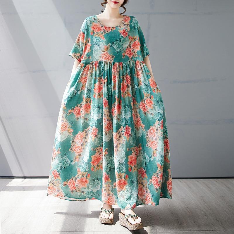 Summer new simple bohemian long dress fattened and enlarged short-sleeved crew neck printed dress women's clothing