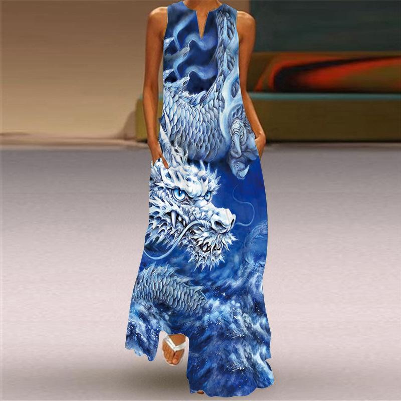 Vintage Dámské 3D tisk Boho Dlouhé šaty bez rukávů Letní móda Společenské šaty s výstřihem do V Dámské Ležérní Kapesní Tenké Vestido