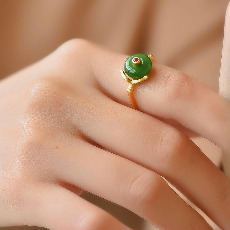 Ancient Gold Craft Natural Hetian Jade Vintage Charm Unique Square Design Rings For Women Adjustable Stylish Fresh Party Jewelry
