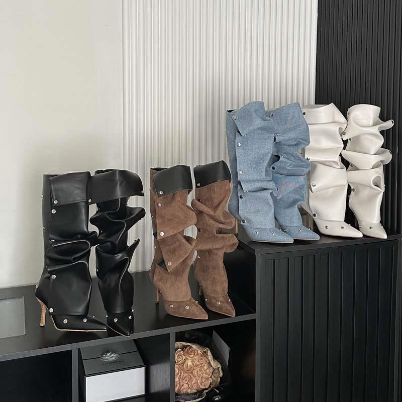 Cowboy Pleated Pile Boots Women's Two Wear Long Boots High Boots Spice Girls Stiletto Pointed Knight Boots