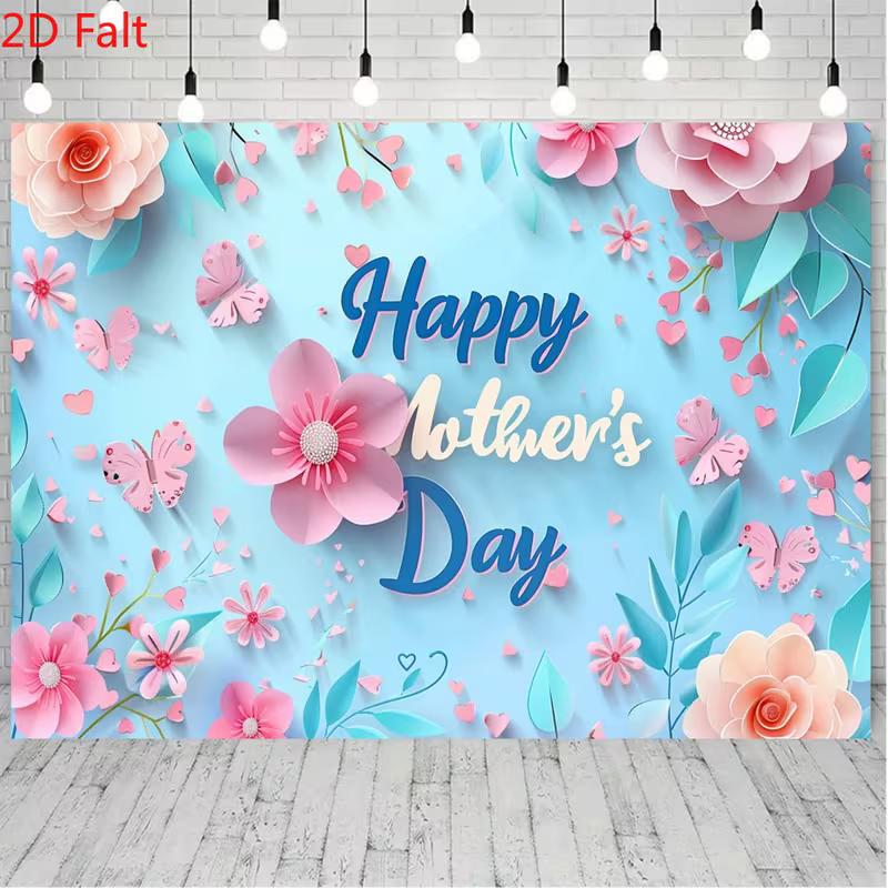 

2D Mother s Day Background Cloth, Happy Mother s Day with Pink Blooms & Butterflies 47.2x31.5inch/120*80cm