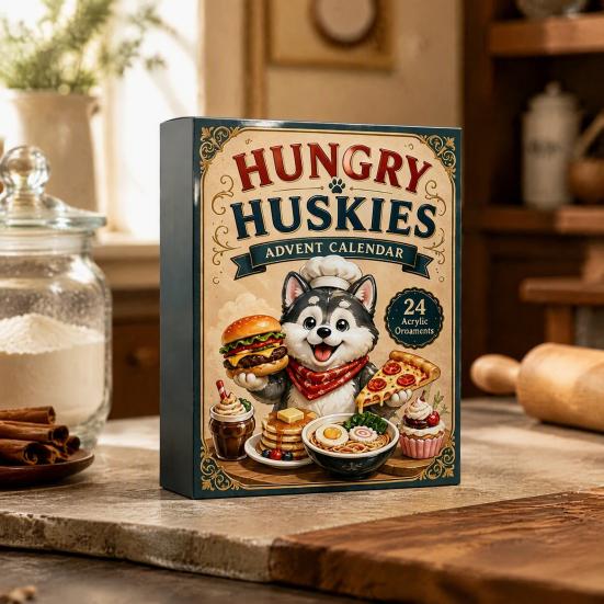 Cute Puppy Desk Decor Husky Advent Calendar with 24 Foodie Acrylic Ornaments, 2D Flat Christmas Hanging Decorations Tree Decoration, Dog Themed