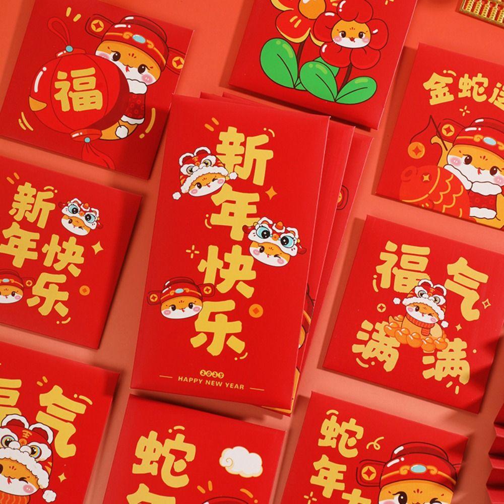 6pcs Chinese Style 2025 Snake Year Red Envelopes Cartoon New Year Money Packets Graduation