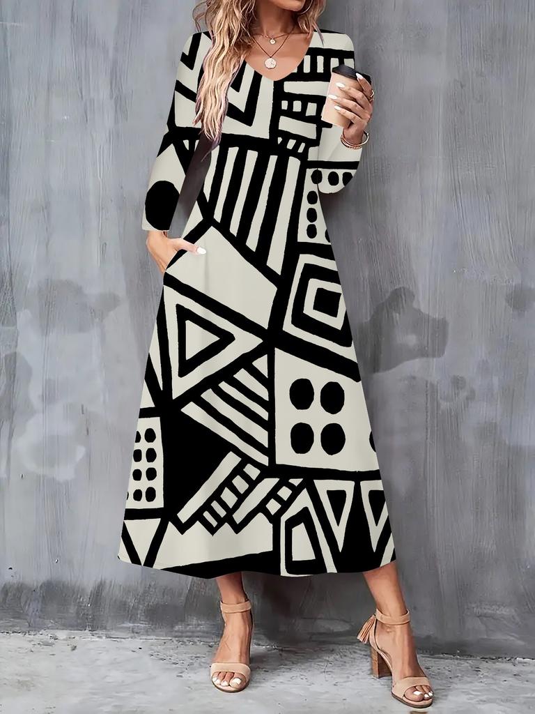 2025 Herbst und Winter Neues Damen Casual Modekleid 3D Retro Musterdruck Langarm V-Ausschnitt A-Linien-Kleider